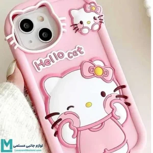 قاب گوشی سیلیکونی صورتی با طرح برجسته هلو کیتی سه بعدی و نوشته Hello Cat در دست.